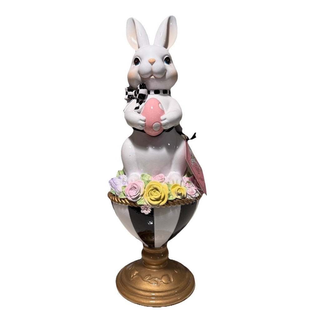 NEW Tophat‎ & Tail Mackenzie Childs Style Easter Bunny Black White Pedestal 15"
